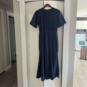 SHEIN Blue A-Line Midi Dress with Crew Neck and Short Sleeves